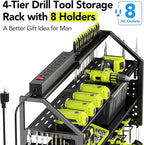 Power Tool Organizer Wall Mount with Charging Station, 8 Drill Holder with 8-Outlet Power Strip, Garage Cordless Drill Storage and Organization, Battery Utility Rack