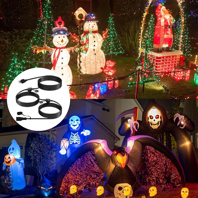 25Ft Outdoor Extension Cord - Evenly Spaced 3 Outlets Plugs with Safety Cover, 16/3 SJTW Weatherproof Multi Outlet Extension Cord for Landscape, Halloween, Holiday Decor, ETL Listed (Black)