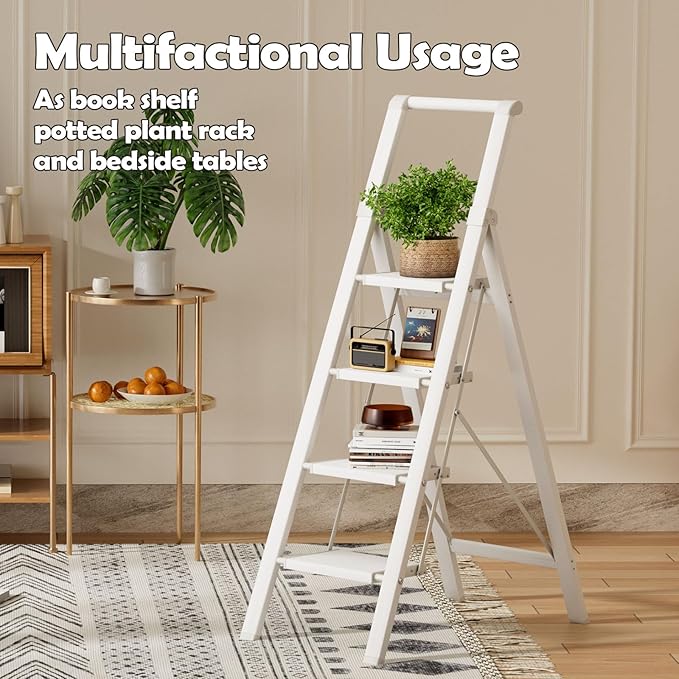 Taranta 4 Step Ladder, Portable Folding Ladder with Wide Pedal, Lightweight Aluminum Step Stool with Convenient Handgrip, 330 lbs Capacity Stepladder for Home, Office - White