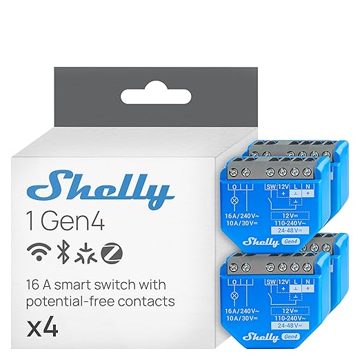 Shelly 1 Gen4 | Wi-Fi, Zigbee & Matter Smart Relay Switch with Dry Contacts, 1-Channel 16A | Home Automation | Alexa, SmartThings, Google Home, Apple HomeKit Compatible | Garage Door Opener (4 Pack)