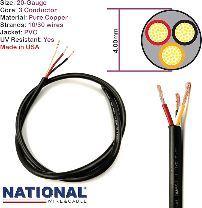 NATIONAL Wire & Cable – 22 AWG 3-Conductor Premium Copper Wire, 100 ft, Stranded | Made in USA, Flexible Jacket | Electronics, Alarms, Signal Wiring, DIY, Indoor and Outdoor Use