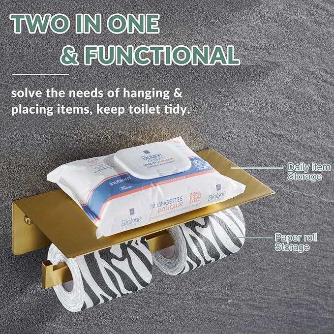 APLusee Brushed Gold Double Toilet Paper Holder with Shelf, Heavy Duty 304 Stainless Steel Tissue Holder for Bathroom with Storage, Commercial Paper Roll Dispenser Wall Mounted