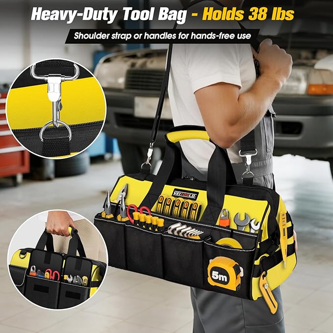16-Inch Heavy Duty Tool Bag, 19-Pockets Tool Box Organizer, Portable Toolbag W/Soft Handle, Organized Storage, Mechanic Gifts for Men Dad Husband Him Christmas, Wide Mouth Toolbox Organization, Yellow