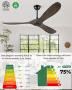 52" Ceiling Fans Without Light, Solid Wood Ceiling Fan with Remote Control and DC Motor, No Light, Modern Ceiling Fan with 3 Blades, Indoor Outdoor for Patios, Bedroom - Deep Brown