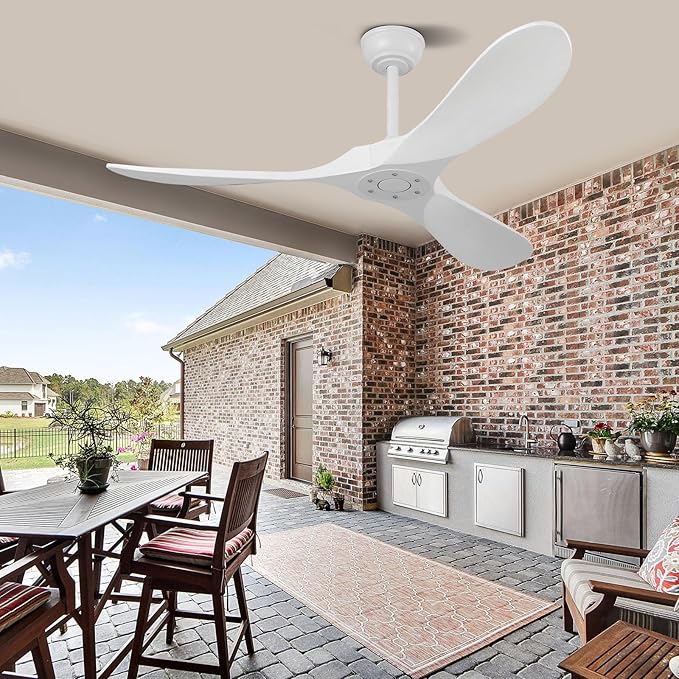 52" White Outdoor Ceiling Fan No Light,Solid Wood Modern Ceiling Fans Without Lights, Quiet High Cfm Energy Efficient 3 Blade Farmhouse Patio Dc Motor Rustic Exterior Large Living Room Ceiling Fan
