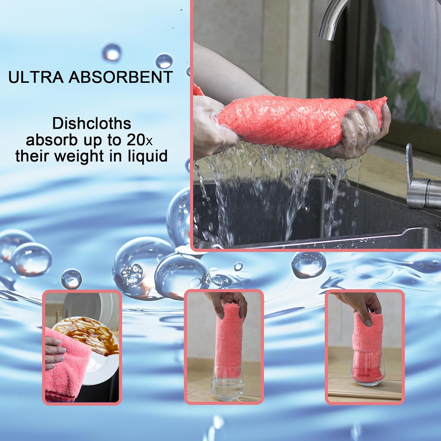 kimteny Kitchen Cloth Dish Towels, 13x28 Inches Premium Dishcloths, Super Absorbent Coral Velvet Microfiber Cleaning Cloths, Fast Drying Rags for Washing Dishes (13x28-6 Pack, Pink)