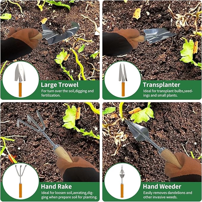 Gardening Tools 20-Piece Heavy Duty Garden Hand Tools Stainless Steel Ergonomic Rust-Proof Garden Tool Set - with Fashion and Durable Garden Tools Storage Bag - Ideal Gardening Gifts for Women