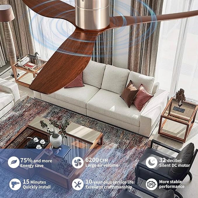 52-Inch Ceiling Fan Without Light, Modern Low-Profile Flush Mount Fan with Remote, 6-Speed Reversible Quiet DC Motor,for Balcony, Living Room, Bedroom (No Light)