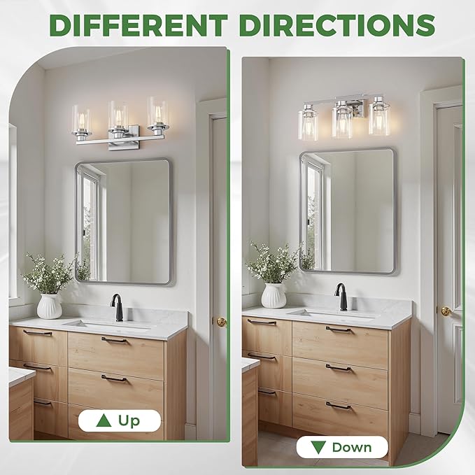 DORESshop 17 Inch Bathroom Light Fixtures, 3-Light Chrome Bathroom Lighting Fixtures Over Mirror with Clear Glass Shade, Vanity Lights for Living Room Bedroom