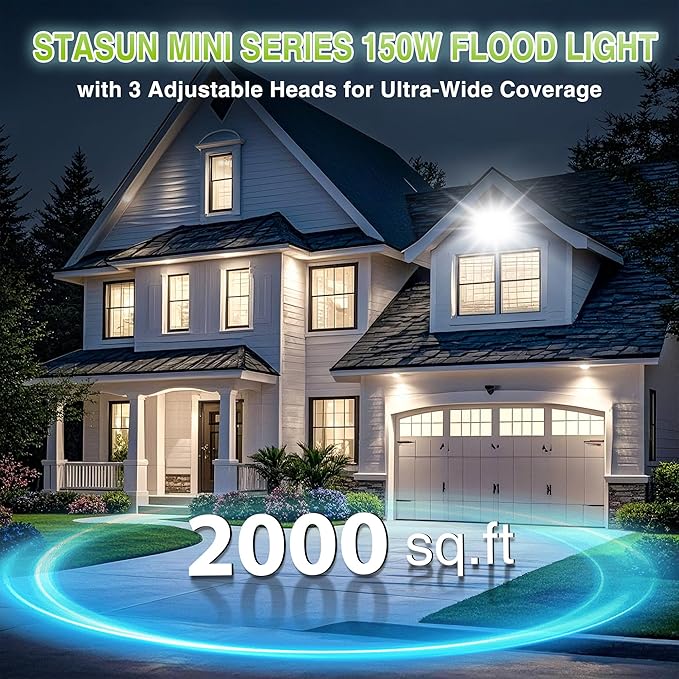 STASUN 150W LED Flood Light, Mini Series Outdoor Floodlight, 15000LM 6000K Daylight White, IP66 Waterproof, 3 Adjustable Heads, LED Exterior Flood Lights for Backyard, Driveway, Garage, Patio, Porch