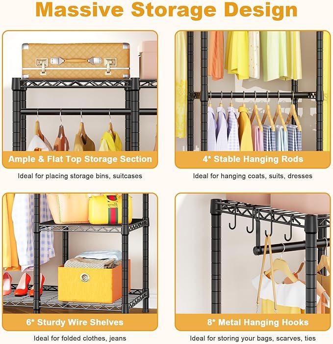 Ulif H50 Extra Large Clothes Rack, Heavy Duty Garment Rack, Freestanding Portable Closet, Clothing Racks for Hanging Clothes, Wardrobe Closet 89.8'' W x 15.8" D x 76.4" H, Max Load 1400 Lbs, Black