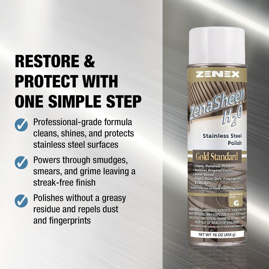 Zenex ZenaSheen H20 Stainless Steel Polish - Professional-grade Water-based Metal Cleaner, Polish & Protectant | Remove Grime & Restore Shine | Stainless Steel, Chrome, Brass & More | 16 oz (2 Pack)