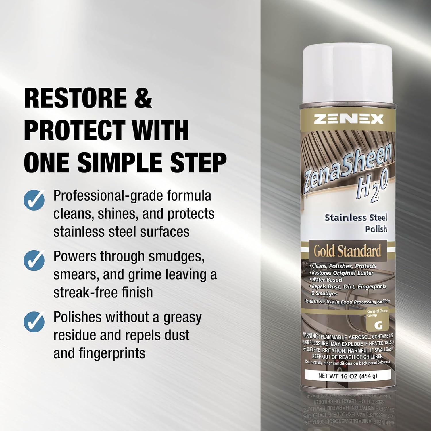 Zenex ZenaSheen H20 Stainless Steel Polish - Professional-grade Water-based Metal Cleaner, Polish & Protectant | Remove Grime & Restore Shine | Stainless Steel, Chrome, Brass & More | 16 oz (12 Pack)