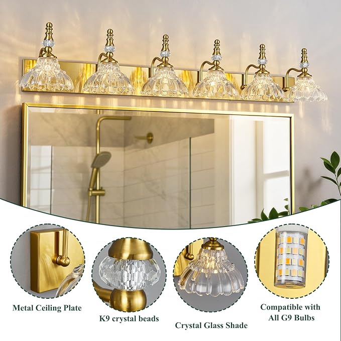 Vintage Bathroom Vanity Light, 6-Light Gold Vanity Lighting Fixture with Flower Glass Shade, Bathroom Lighting Fixtures Over Mirror