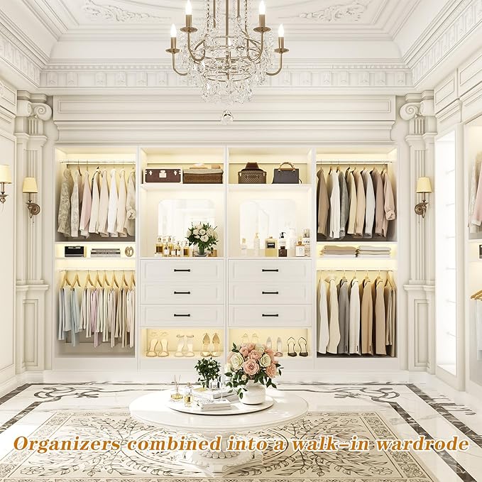 Unikito Closet System with Drawers, 100” Wood Closet Organizer with Hanging Rods and Mirror, Large Walk in Wardrobe Garment Rack with Adjustable Shelves, Sturdy Freestanding Closet Tower, White