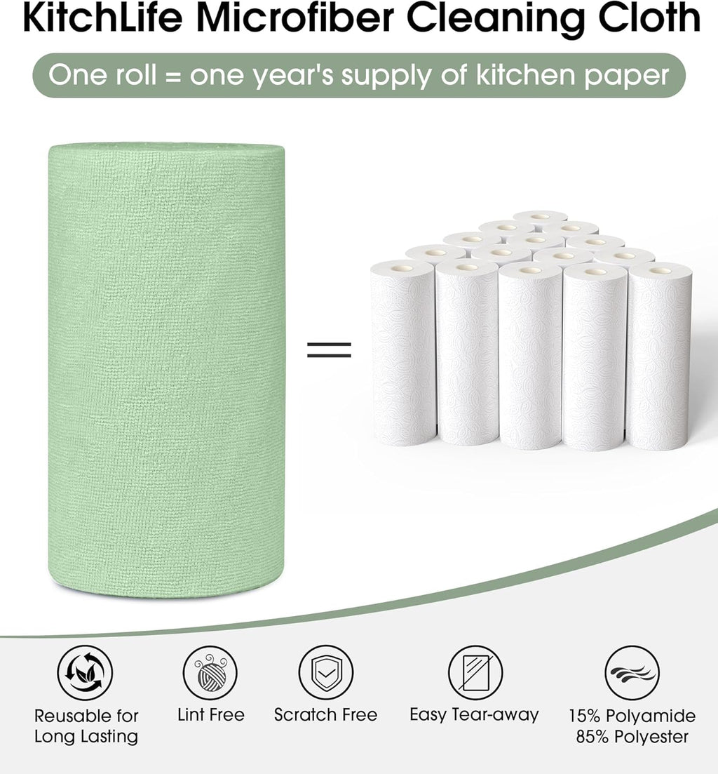 KitchLife Microfiber Cleaning Cloth Roll, 100 Pack - Tear-Away Microfiber Paper Towels, Lint-Free, Reusable, Washable for Kitchen, Car, Dishes, and Sensitive Surfaces (Bean Green)