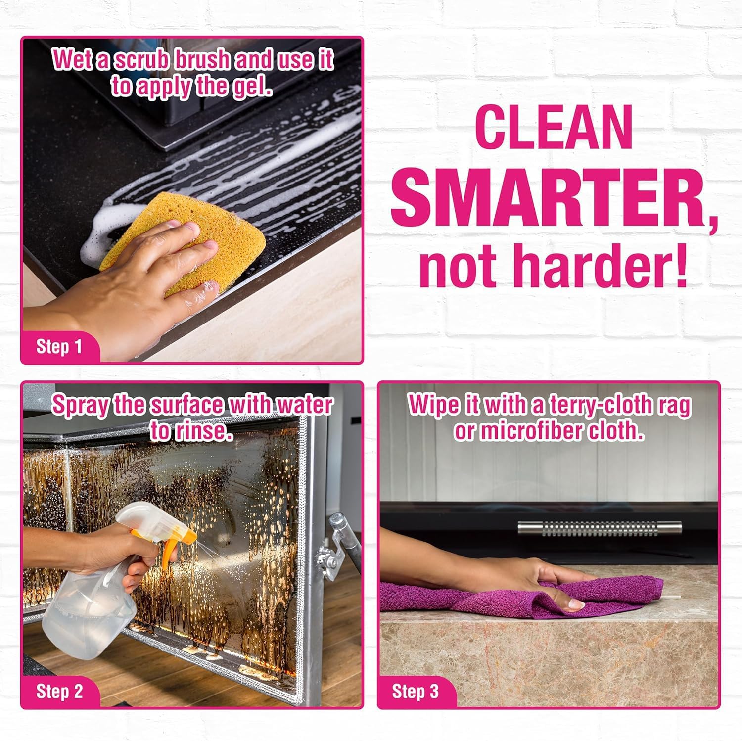 Quick'n Brite Fireplace Brick and Stone Cleaner 32oz with Scrub Brush - Natural Stone, Tile, and Marble Cleaner - Indoor Fireplace and Wood Stove Cleaning Kit - Pellet Stove Creosote Remover