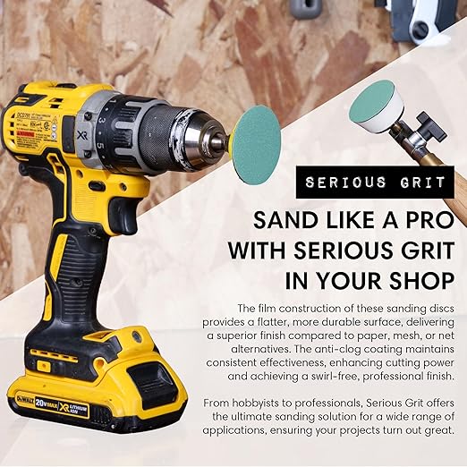 Serious Grit 3-Inch 800 Grit Aluminum Oxide Sanding Discs - Heavy-Duty Hook & Loop Film Discs - Green - Compatible with Drill & Lathe - Pack of 50