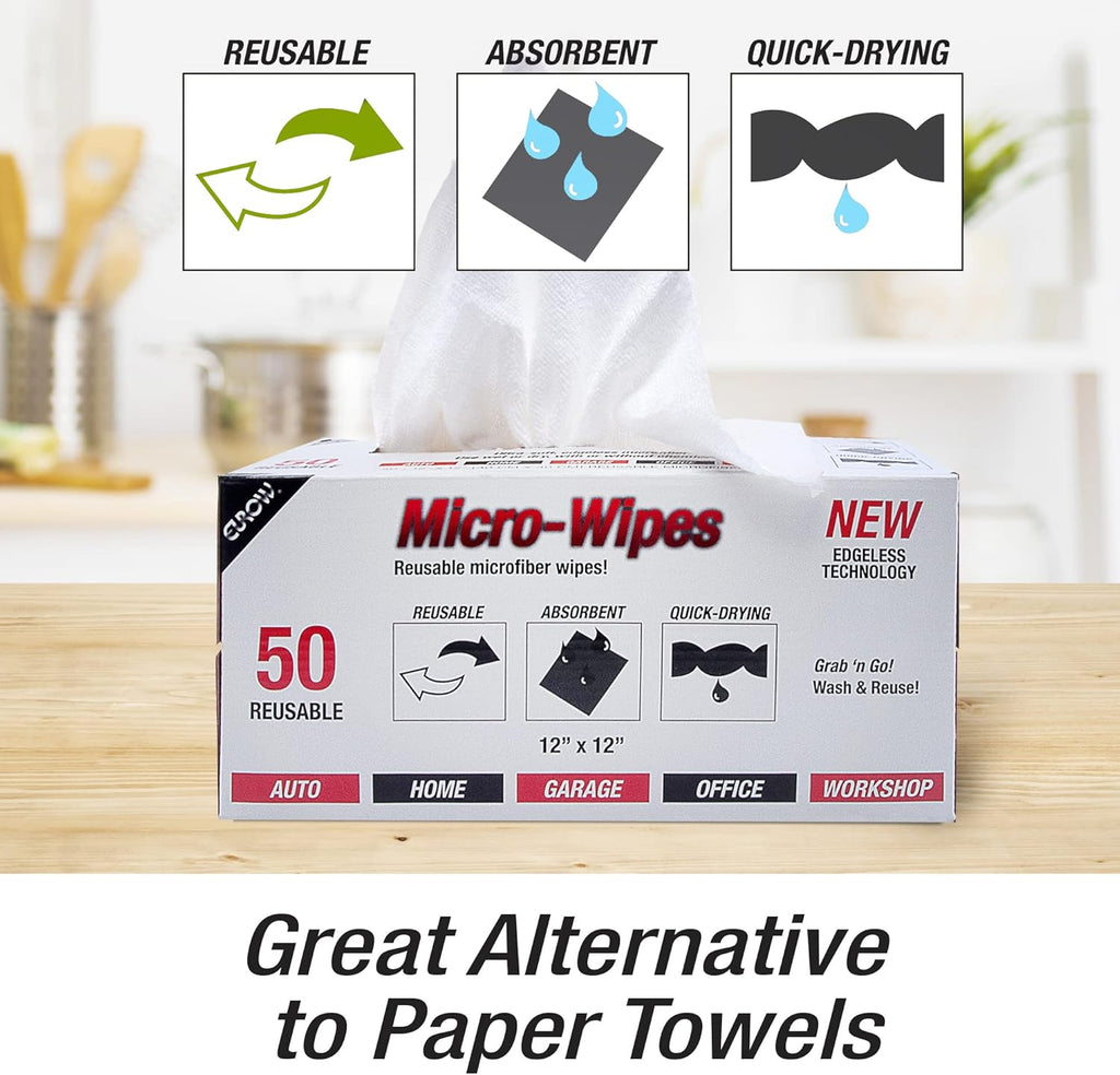Eurow 200GSM Microfiber Cleaning and Drying Cloths with Dispenser Box, Reusable, Streak-Free, Scratch-Free, Ultra Absorbent, Edgeless for All Surface Types, 12x12in, 50-Pack, White