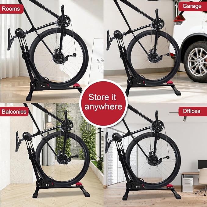 Foldable 2-in-1 Floor Bike Stand, Vertical & Horizontal Bicycle Storage Rack for Garage Storage, Indoor, Sturdy Carbon Steel, Fits Up To 29" Mountain/Road Bikes, No Drilling, Space-Saving