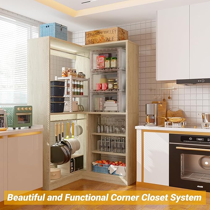 Unikito 36 Inch Corner Closet System, Large Freestanding Closet Organizer System with 2 Hanging Rods and Storage Shelves, Sturdy Walk in Closet Tower, 36" W x 36" D x 80" H, White Oak