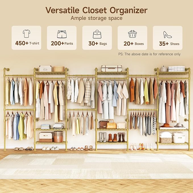 H6 Wall Mounted Closet System, Industrial Pipe Clothes Rack Clothing Racks with 6 Telescopic Rods & 3 Fixing Rods & 9 Shelves, Heavy Duty Closet Organizers and Storage in Wardrobe Closet (Gold)