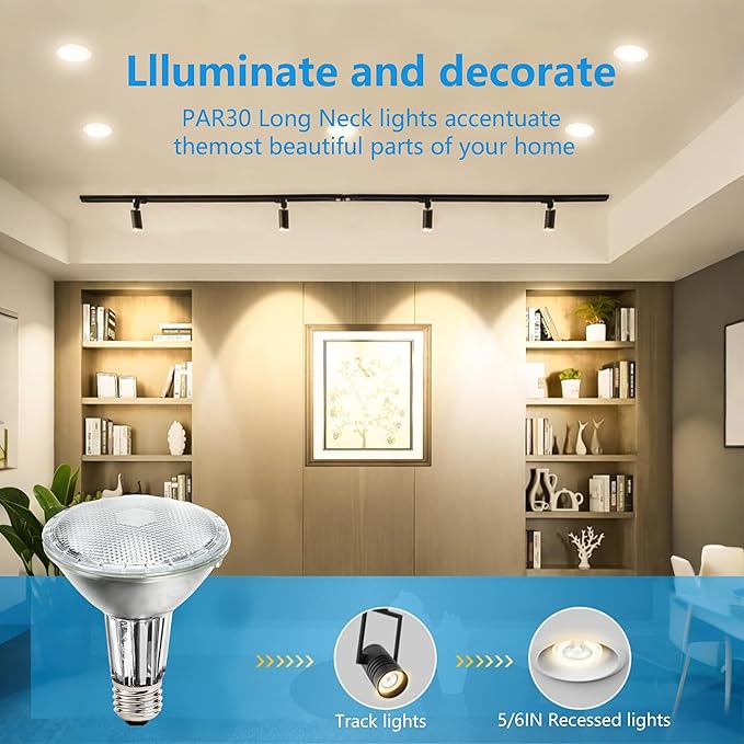 PAR30 Long Neck Halogen Flood Light Bulbs, 120V 39W, Dimmable High Output, E26 Medium Base, 2700K Warm Lighting, 3000 Hours for Recessed Light Bulb, 6 Pack