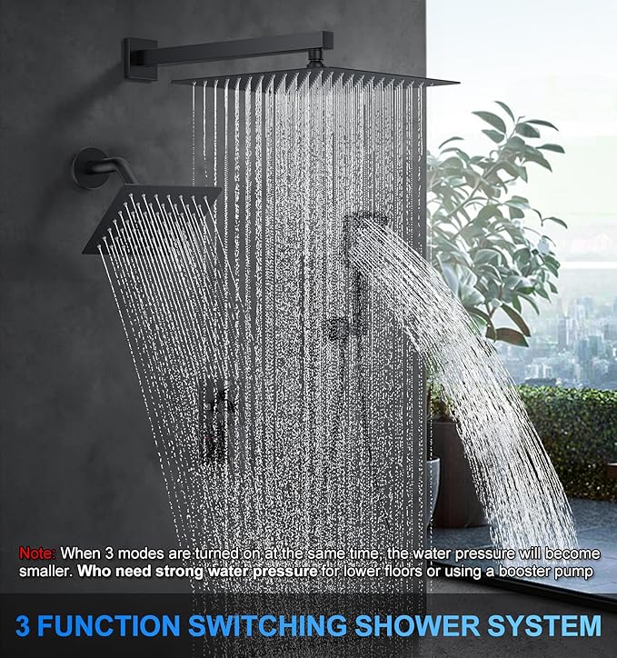 Shower Faucet Set, 12" Wall Mount Rainfall Shower System with 2 Rain Shower Head and Multi-function Handheld Head Push Button Diverter Shower Faucet Trim Kit Matte Black