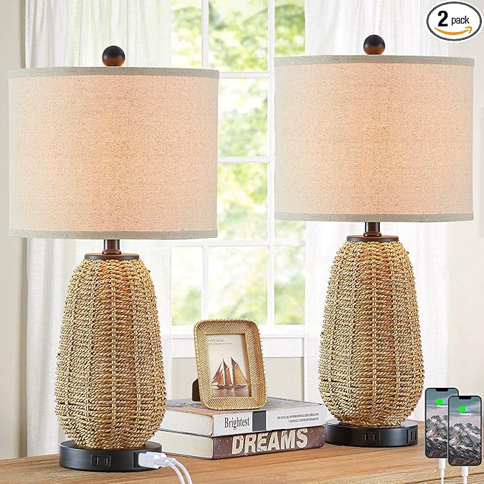 Touch Control Rattan Table Lamps, 3 Way Dimmable Bedside Lamps for Bedroom Set of 2 with 2 USB Ports and AC Outlet, Grass Rope Nightstand Lamps for Living Room Office (2 LED Bulbs Included)