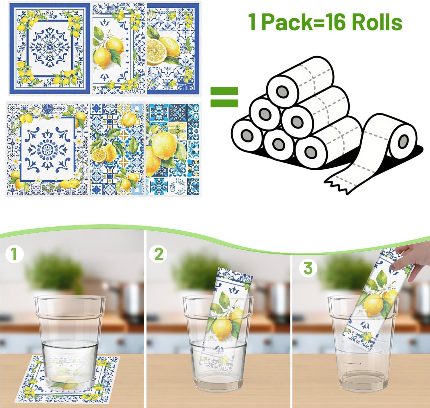 Blue Tiles Lemons Swedish Dishcloths, 6 Pack Reusable Swedish Dish Cloths for Kitchen, Washable Absorbent Dish Towel Rag Set Cellulose Sponge Cloths Housewarming Gifts