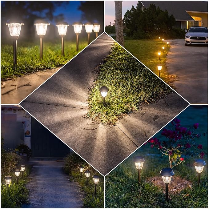 XMCOSY+ Solar Lights Pathway Outdoor - 2 LED Modes 10/25 LM Solar Powered Yard Garden Lighting, Waterproof IP65 Glass Stainless Steel Landscape Lights for Driveway Walkway Sidewalk Decor (Warm White)