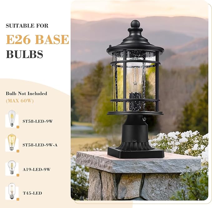 Emliviar 14.9 Inch Dusk to Dawn Outdoor Lamp Post Light, Black Pole Light Fixture with Photocell Sensor, Outdoor Post Lantern with Seeded Glass Shade, XE229P PC BK