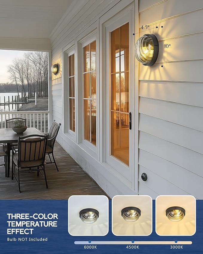 FEMILA 10" Modern Outdoor Wall Lantern, 2 Pack Nautical Outdoor Lighting, Bulkhead Sconce for Front Porch/Entry Light, Aluminum, Ripple Glass, ETL & UL Listed, 4FYX105FL-2 BK SW