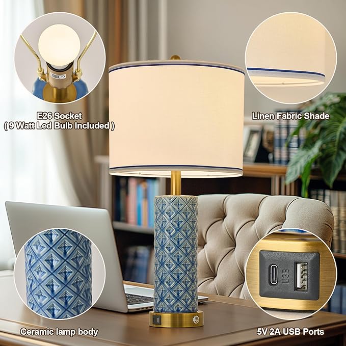 Set of 2 Table Lamp for Living Room Bedroom Farmhouse,26'' Touch Control Bedroom Aqua Blue Ceramic Lamps 3-Way Dimmable Bedside Lamps with USB A+C Ports Linen Shade for Home
