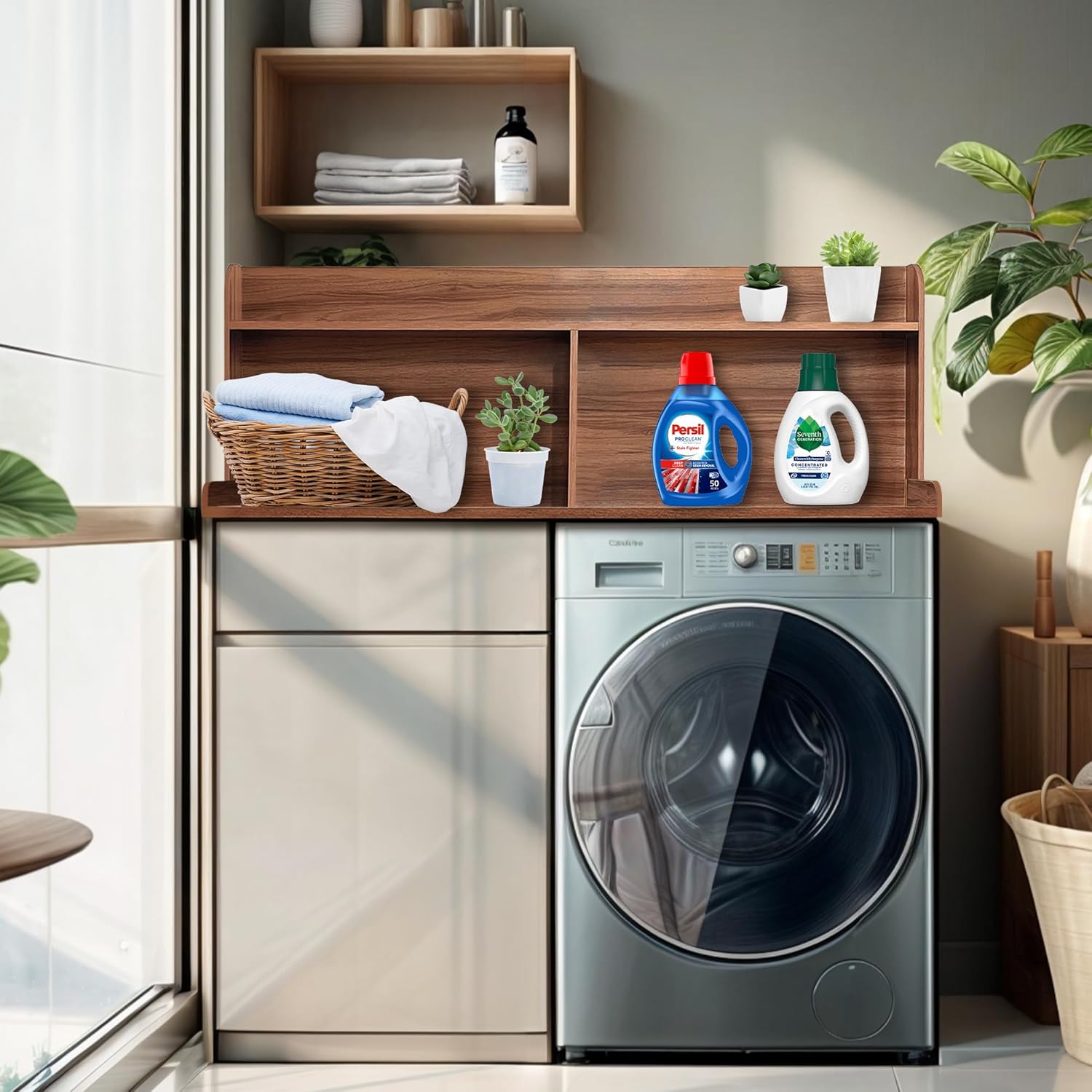 Royxen 2-Tier Washer Dryer Countertop,19.5" H Wood Washer and Dryer Topper with Shelf,Laundry Countertop Over Washer and Dryer, Universal Fit for Laundry Room Organization (Walunt, 54" WX27.5 D)