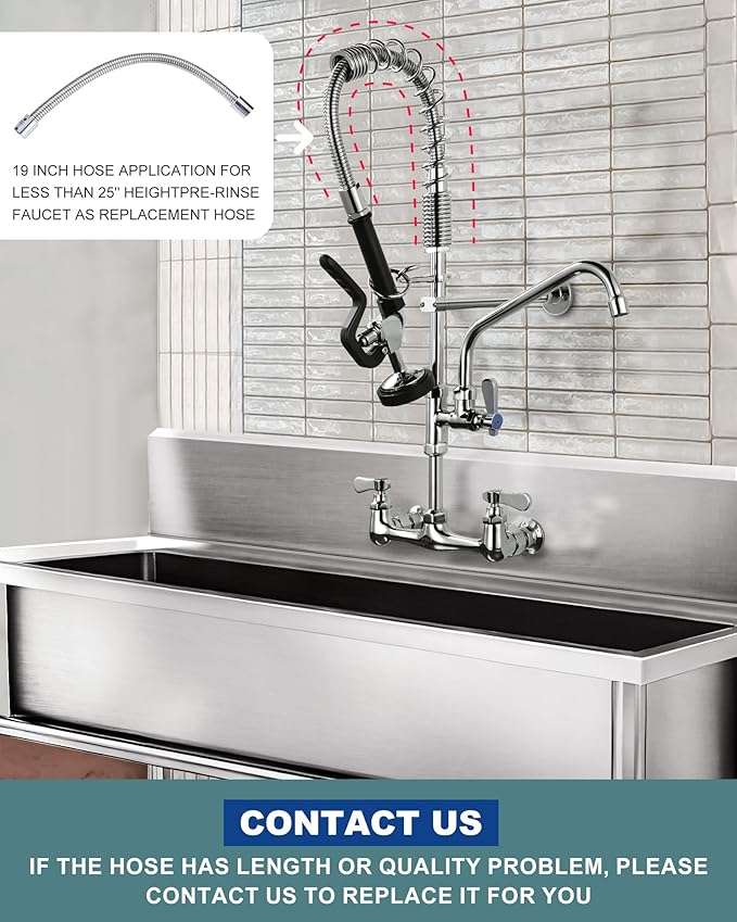 25" Height Commercial Faucet Wall Mount with Sprayer 8" Adjustable Center 9.6" Swing Spout, Kitchen Sink Faucet with Pull Down Pre-Rinse Sprayer for Restaurant Industrial Kitchen, Chrome