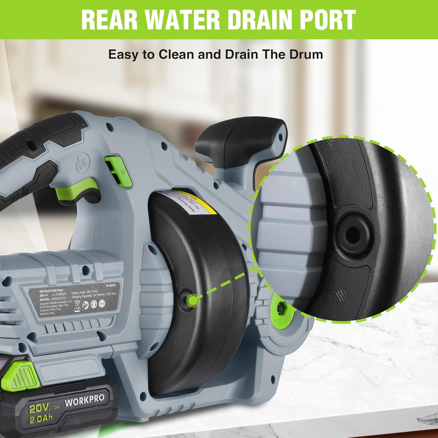 WORKPRO 20V Electric Drain Auger, 25Ft Plumbing Snake Drain Hair Removal Tool Set with 2.0AH Battery and Charger, Toilet Snake for Sewer, Bathroom, Sink, Drain Snake 3/4"-2" Pipe