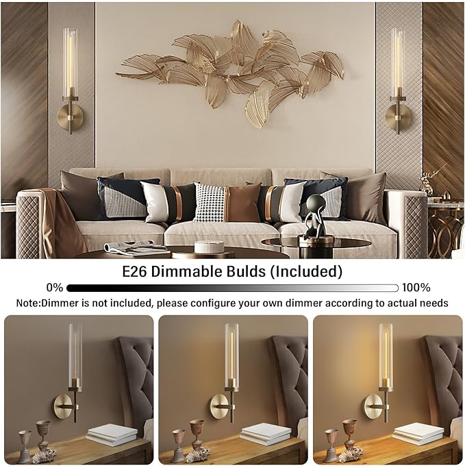 Brass Wall Sconces Set of Two 19.48'' Knurled Texture Indoor Wall Light Fixtures, Bathroom Vanity Light Fixtures with Clear Glass, Modern Wall Lamp for Living Room Hallway (Bulb Included)