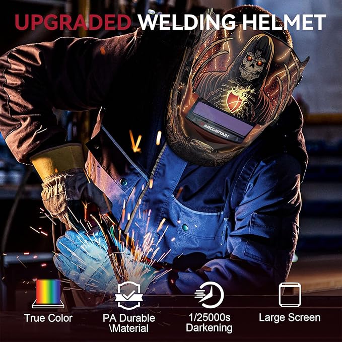 ARCCAPTAIN Welding Helmet Auto Darkening, 1/1/1/1 True Color Welding Hood, 4 Arc Sensor 1/25000s Response Time Solar Powered Weld Hood Helmet, Death Skeleton
