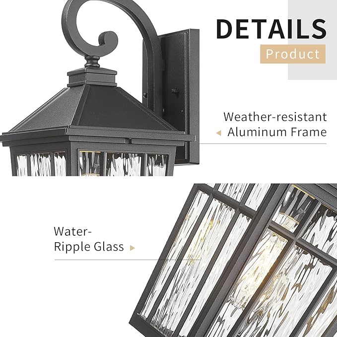 Darkaway Large Outdoor Wall Lights for House, 18inch Exterior Lighting Fixtures Wall Mount Outdoor Porch Lights Waterproof Black Outside Sconce Lights with Water Ripple Glass for Patio Hallway Garage