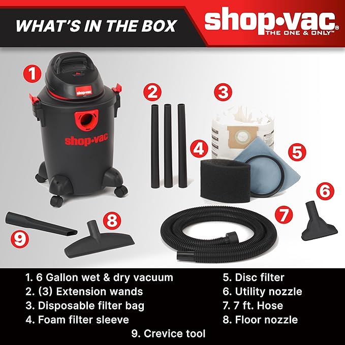 Shop-Vac 5985005 6 Gallon Wet/Dry Vacuum, 3.5 Peak HP, 1.25 Inch Diameter x 7 Foot Hose, 6 Foot Cord, Ideal for Home, Garage, and Workshop Cleaning