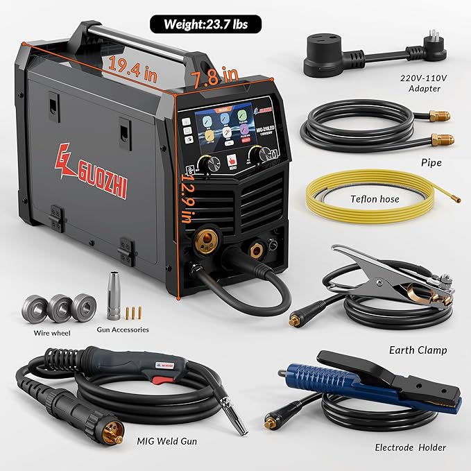 GZ GUOZHI MIG Welder 210A with Pulse, 8 in 1 Gas MIG/MAG/Gasless Flux Core MIG/Lift TIG/Stick/Spot Welding/Spool Gun, Aluminum Welding Machine 110V/220V Dual Voltage Multi-Process Welder LED Display