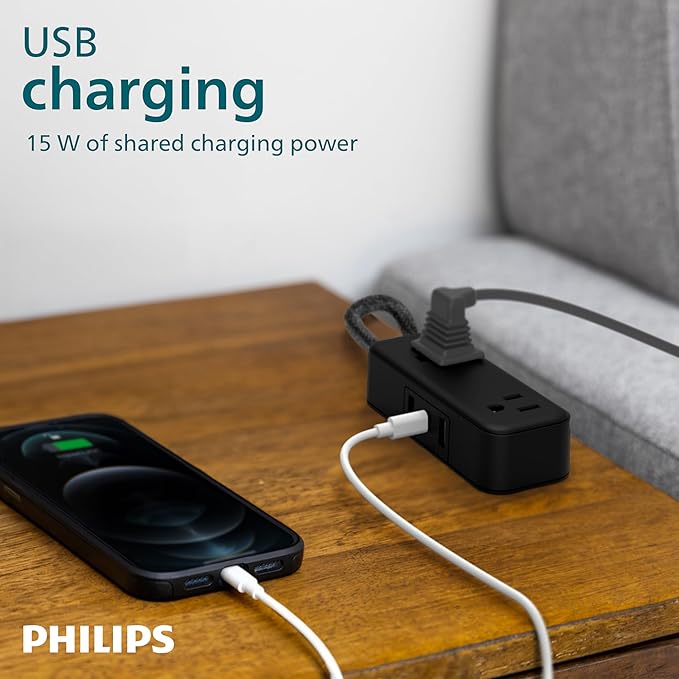 Philips 2-Outlet Extension Cord, 1 USB-C, 2 Type-A Ports, Braided Extension Cord with Multiple Outlets, Flat Plug Power Strip, Power Strip with USB Ports, ETL Listed, Black, SPS3564B/37