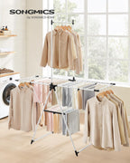 SONGMICS Clothes Drying Rack, Foldable 2-Level Laundry Drying Rack, Free-Standing Airer, 1 Additional Tall Hanging Bar, 2 Height-Adjustable Wings, 24 Drying Rails, Space Savng, Simply White ULLR521W01