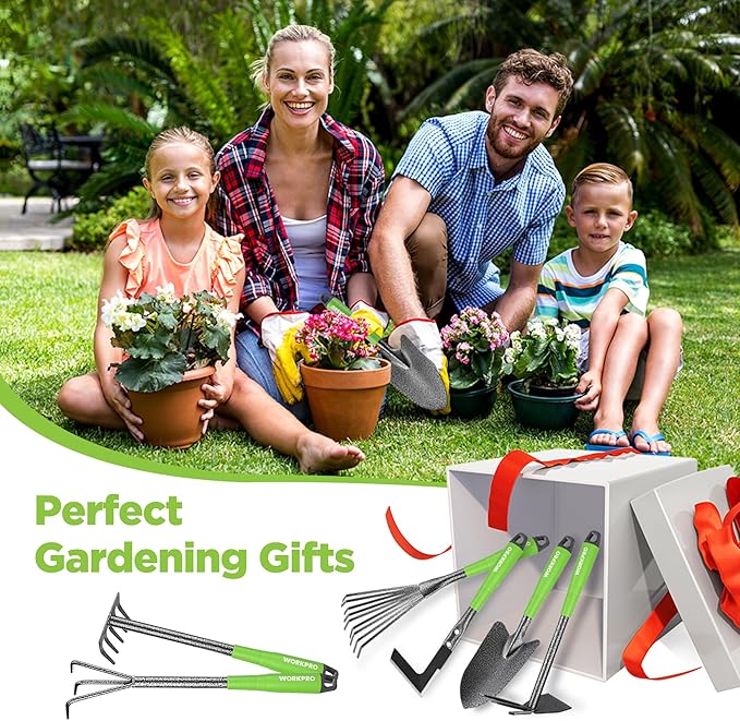WORKPRO 6-Piece Garden Tool Set, Heavy Duty Gardening Hand Tools with Soft Rubber Handle, Including Trowel, Rakes, 2-in-1 Hoe and Crack Weeder, Ideal Gardening Gifts for Men and Women