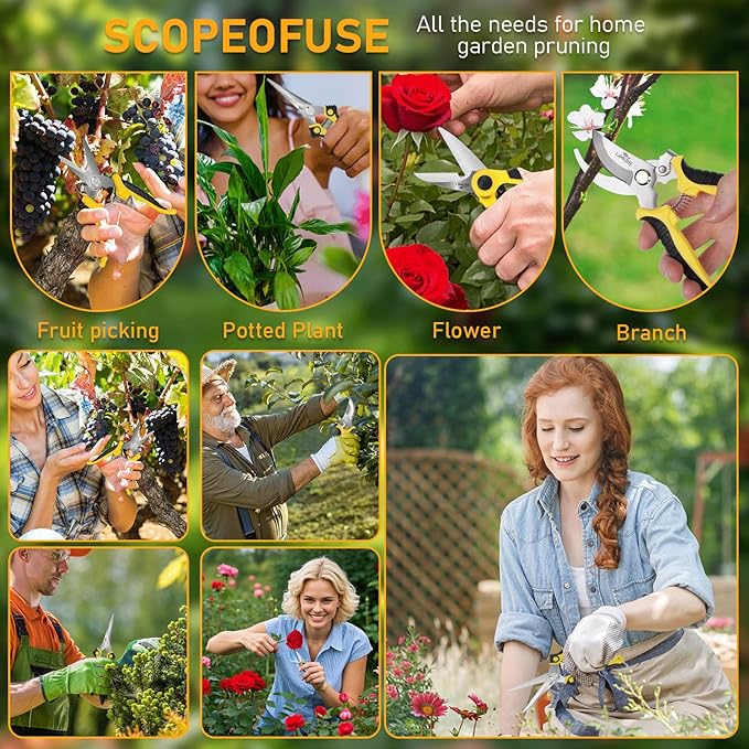 4-Pack Multifunctional Garden Scissors Set-Yellow-BIDMLI Stainless Steel Pruning &Floral Shears with One-Piece Handle Blades Tree Pruning, Flower Trimming, Fruit Picking Tasks Home&Garden Tool.