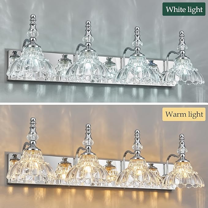 Vintage Bathroom Vanity Light, 4-Light Chrome Vanity Lighting Fixture with Flower Glass Shade, Bathroom Lighting Fixtures Over Mirror