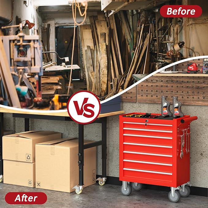 7 Drawers Rolling Tool Chest with Wheels, Portable Rolling Tool Boxes with Wheels, Tool Box Storage Cabinet with Locking System for Garage (RED, 7 Drawers)