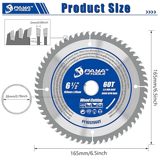 6-1/2-Inch 60-Tooth Circular Saw Blade,TCT ATB Framing Blade,20mm Bore(16mm Reduction Ring Included) for Wood Fast Cutting