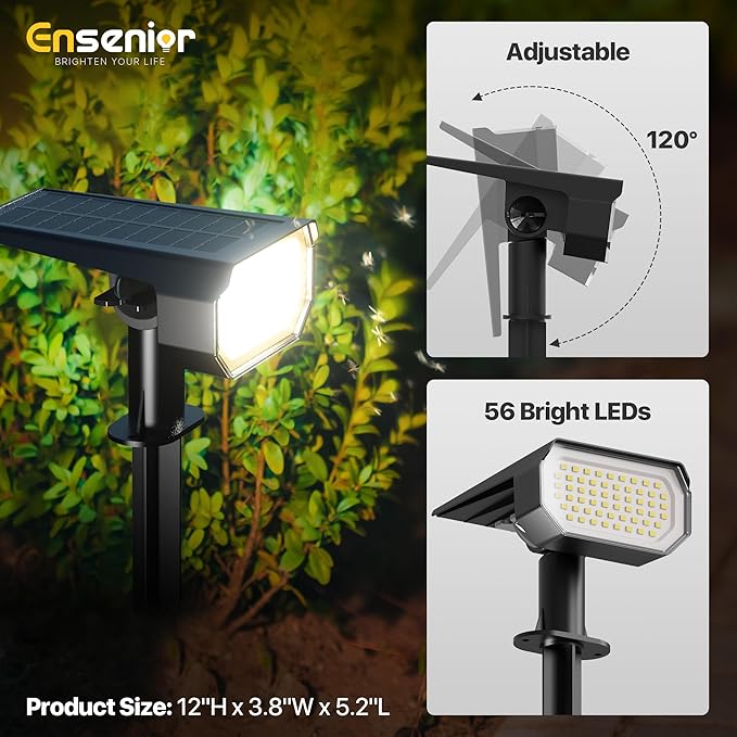Ensenior Solar Spotlights Outdoor, Brightness Adjustable 6500K LED Solar Garden Lights, 56 LEDs Solar Powered Landscape Lights, Auto ON/Off, Waterproof, for Yard/Garden/Pathway - 6 Pack
